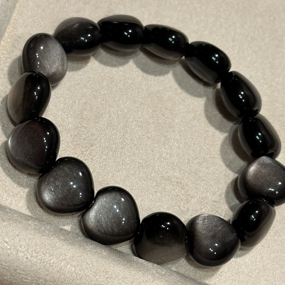 Silver Sheen Obsidian Heart Soft Bangle 14mm Size 6.5